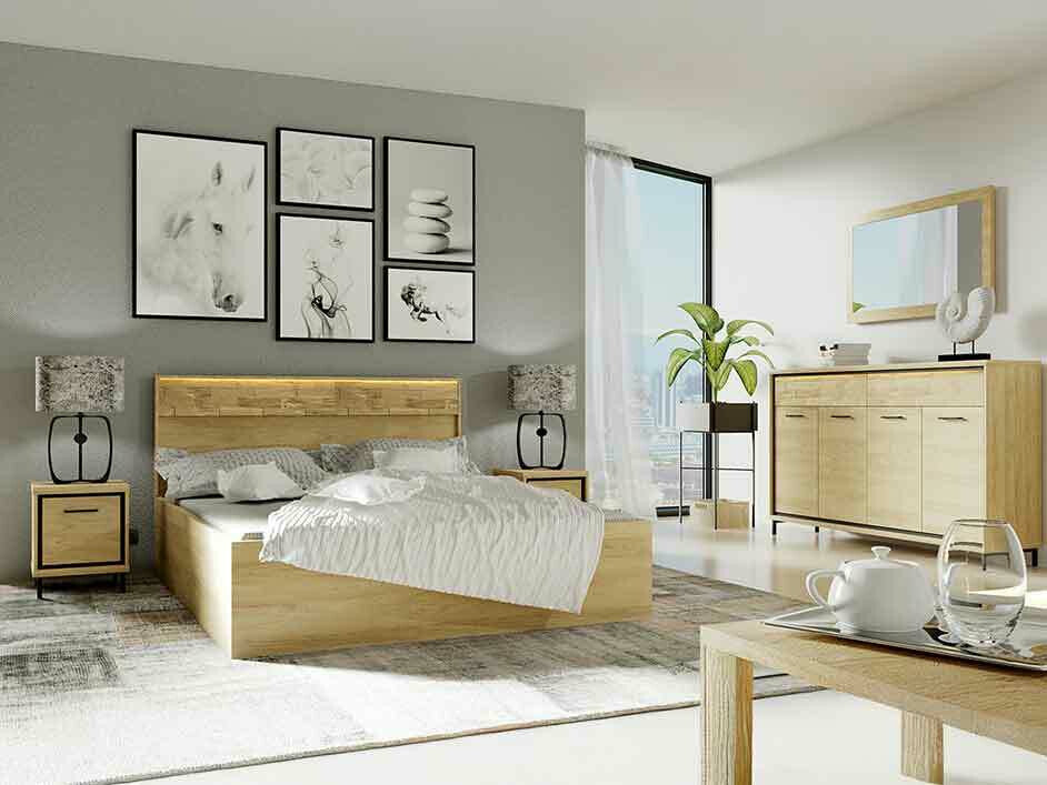 Hálószoba garnitúra MEDIOLAN I (Sarged I), Szín: Fényes fa + Tölgy, Led világítás: Igen, Lábak: Igen