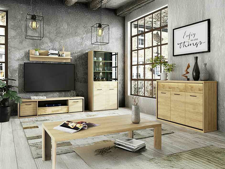 Nappali szett MEDIOLAN III (Sarged III), Szín: Fényes fa + Tölgy, Led világítás: Igen, Lábak: Nem