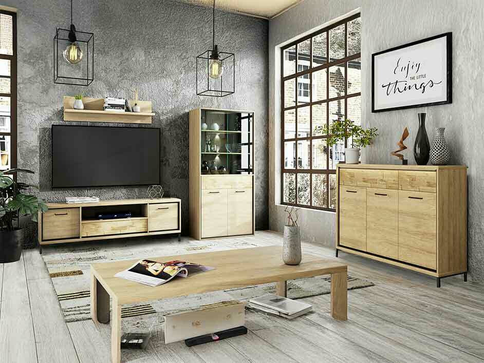 Nappali szett MEDIOLAN III (Sarged III), Szín: Fényes fa + Tölgy, Led világítás: Igen, Lábak: Igen