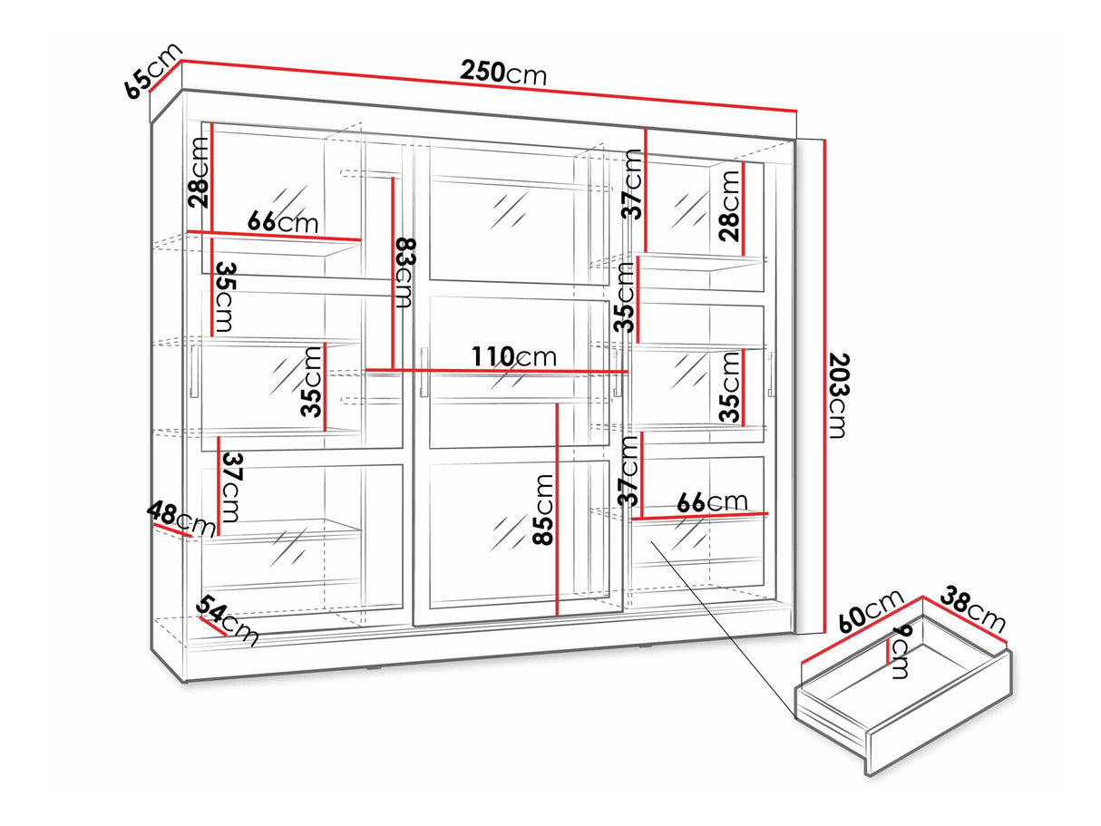 Gardróbszekrény Szafa przesuwna NORLIO 250, Szín: Fekete, Led világítás: Nem