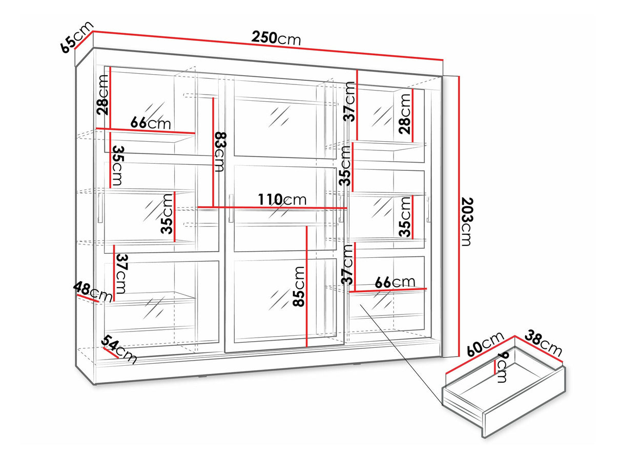Gardróbszekrény Szafa przesuwna NORLIO 250, Szín: Fekete, Led világítás: Igen