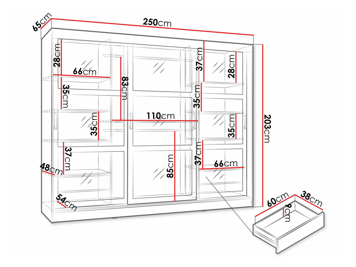 Gardróbszekrény Szafa przesuwna NORLIO 250, Szín: Fehér, Led világítás: Nem