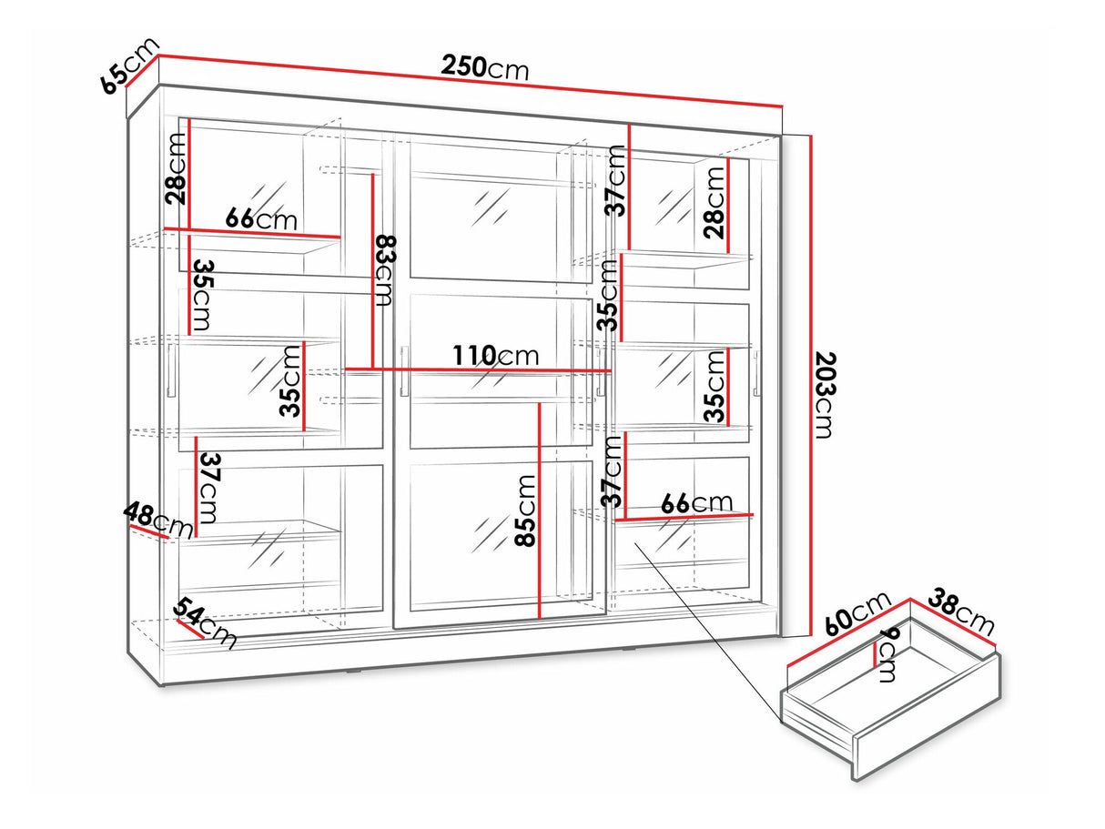 Gardróbszekrény Szafa przesuwna NORLIO 250, Szín: Fehér, Led világítás: Igen