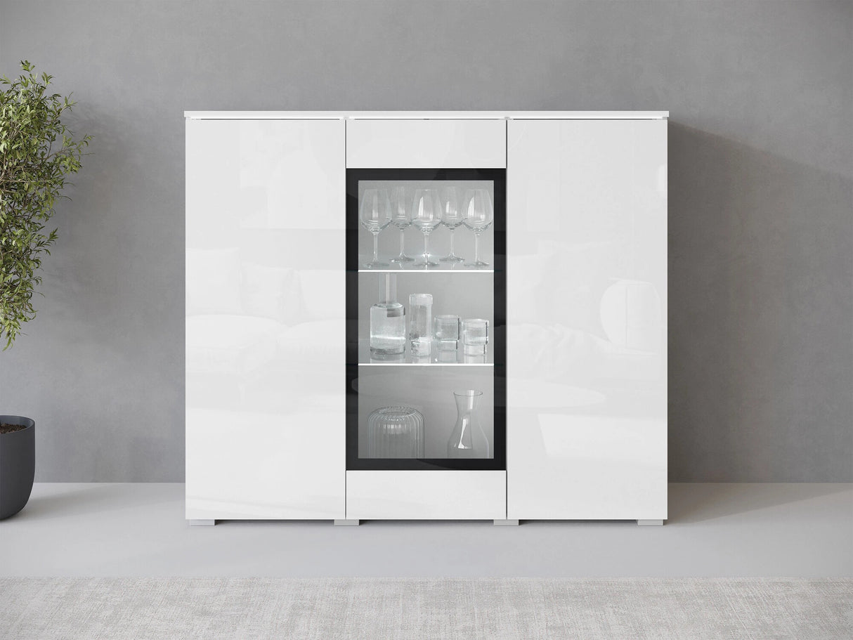 Szekrény Komoda VERA 120, Szín: Fehér + Fényes fehér, Led világítás: Igen