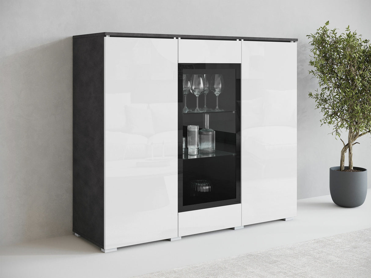 Szekrény Komoda VERA 120, Szín: Matera szürke + Fényes fehér, Led világítás: Nem