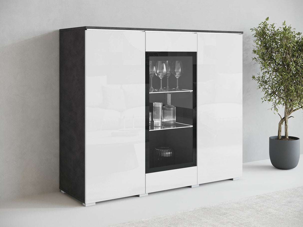 Szekrény Komoda VERA 120, Szín: Matera szürke + Fényes fehér, Led világítás: Igen