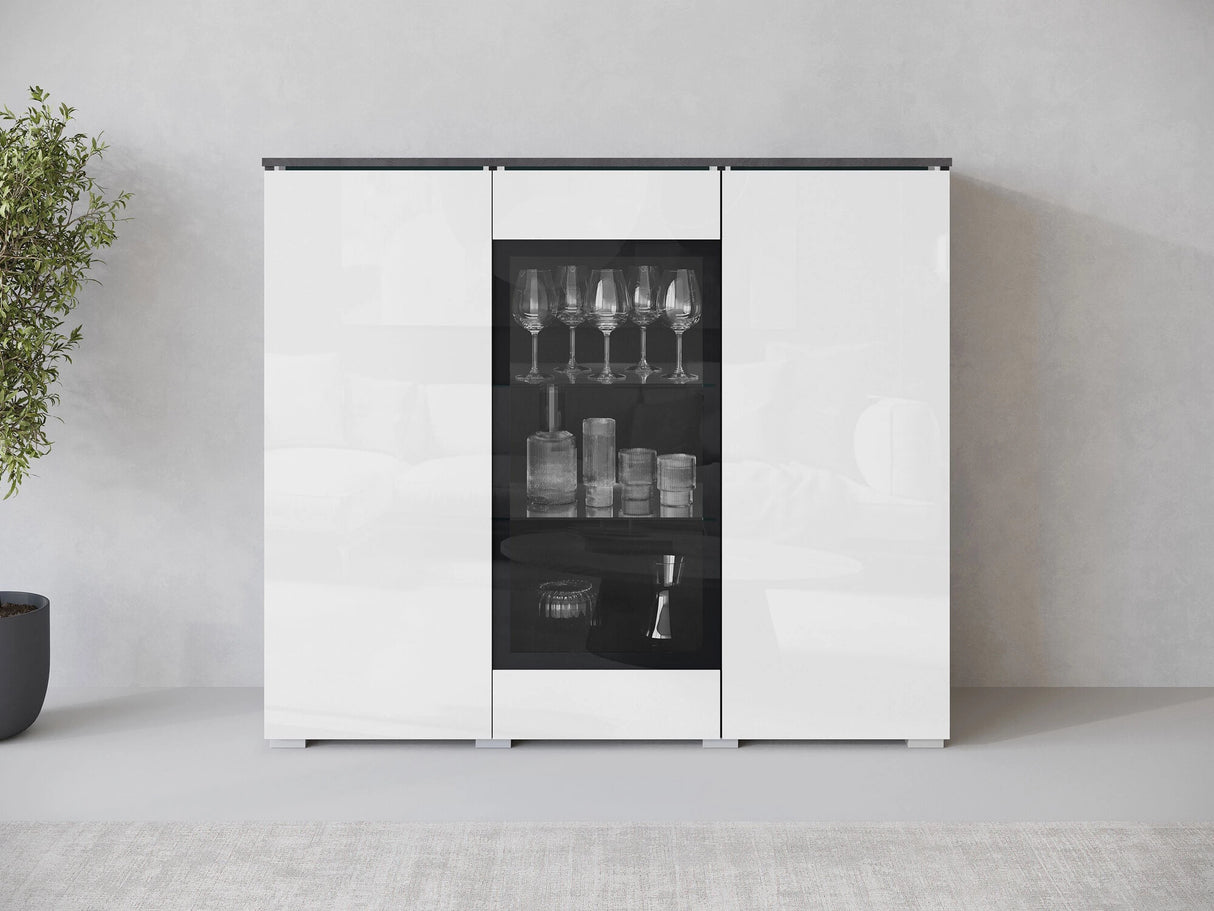 Szekrény Komoda VERA 120, Szín: Matera szürke + Fényes fehér, Led világítás: Nem