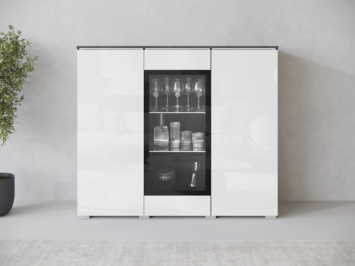 Szekrény Komoda VERA 120, Szín: Matera szürke + Fényes fehér, Led világítás: Igen