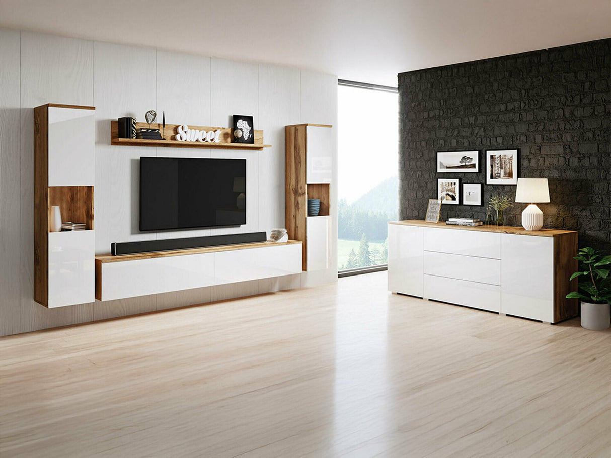 Nappali szett PARIS II (Bamisio II), Szín: Wotan tölgy + Fényes fehér, Led világítás: Igen