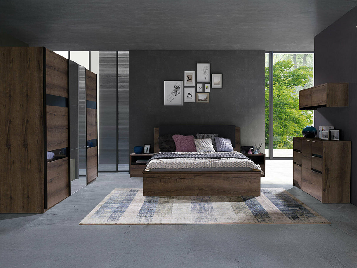 Hálószoba garnitúra Denver (Verdek VII), Led világítás: Nem, Szín: Monastery tölgy + Fényes fekete