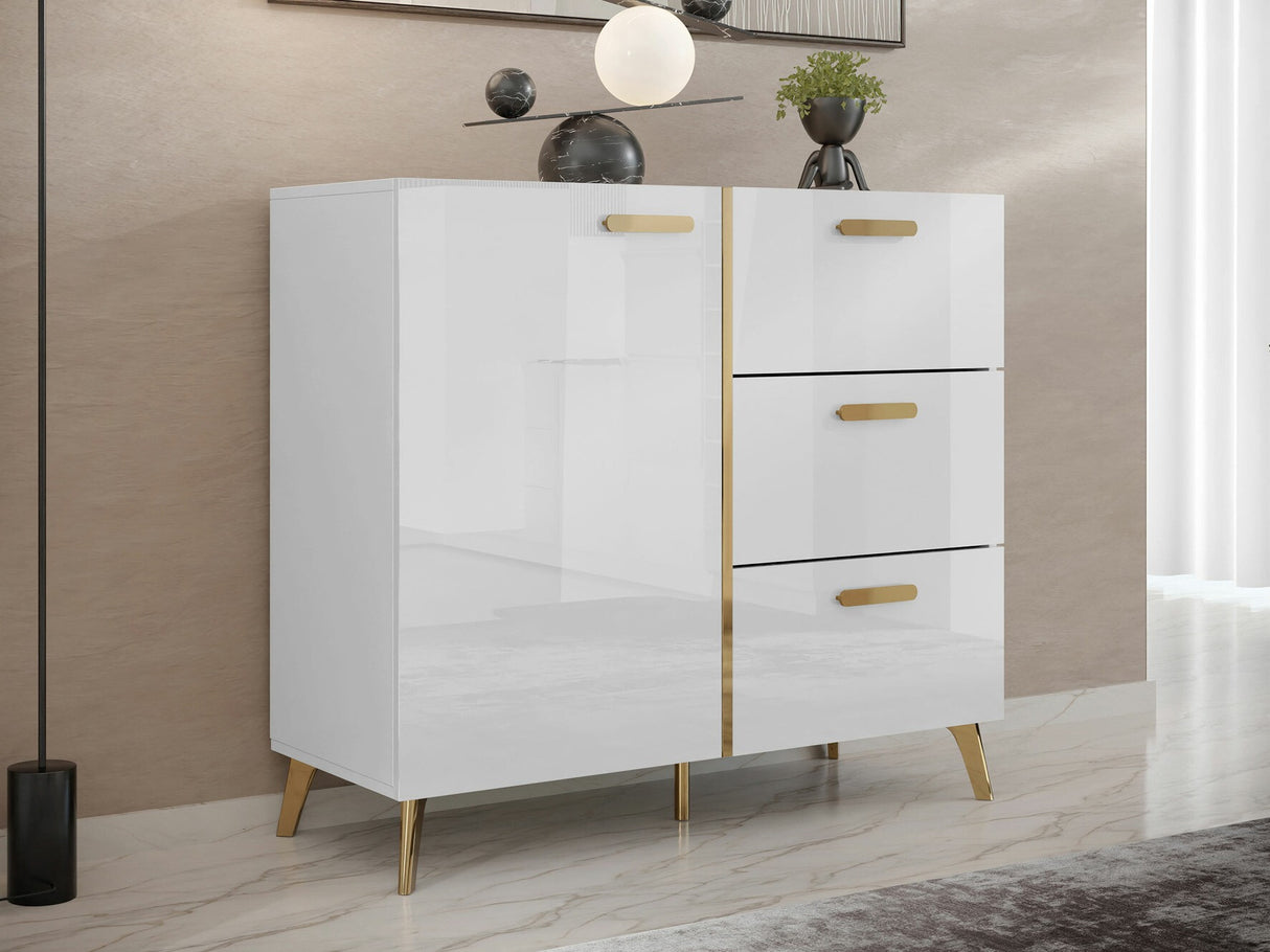 Komód Komoda PICRU 100 1D3SZ Biały/Biały połysk (Fehér + Fényes fehér)