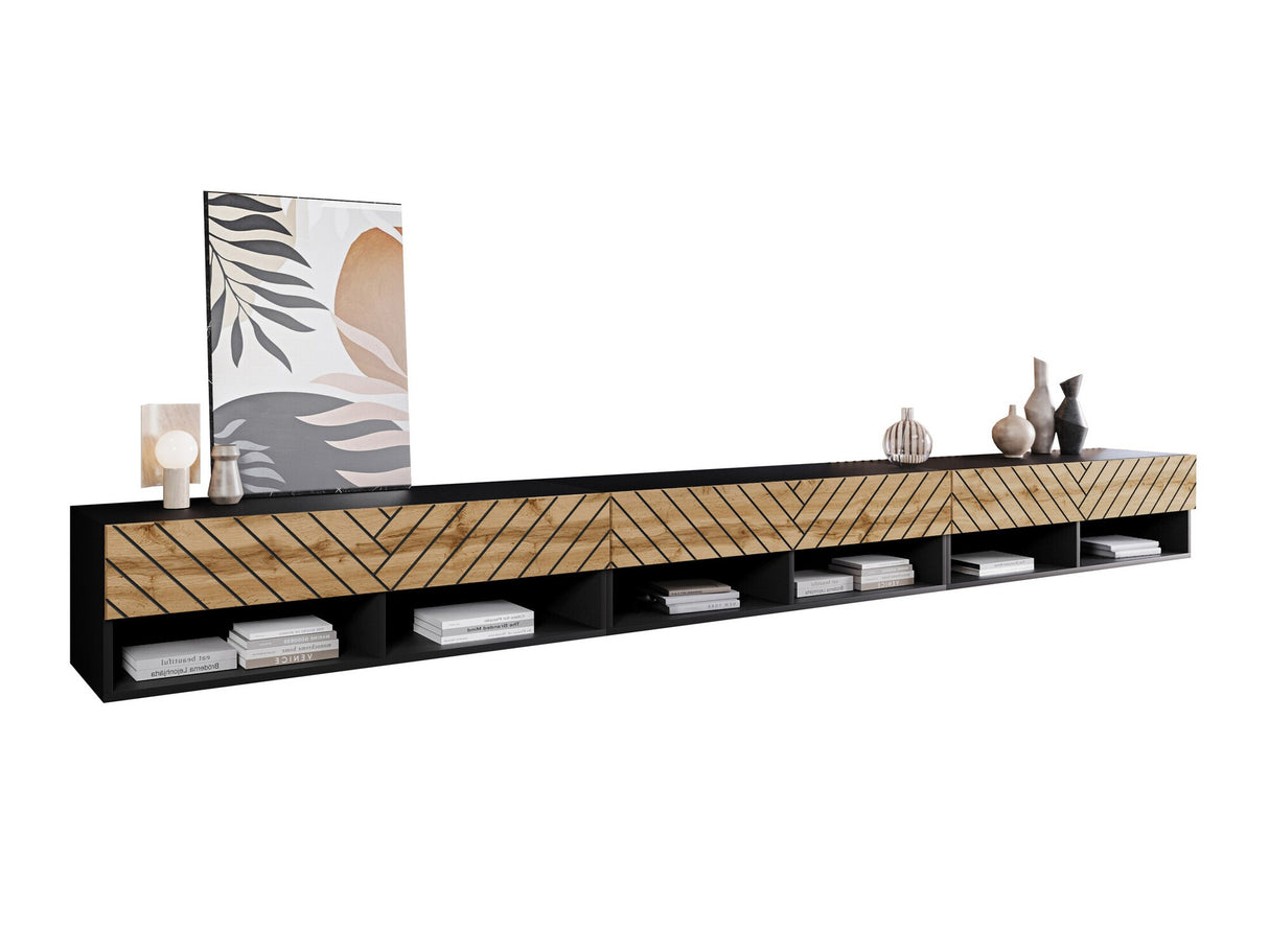 TV-állvány Szafka RTV A 300 Közepes sűrűségű farostlemez Czarny grafit/Wotan/Czarna Jodełka M7, Led világítás: Nem