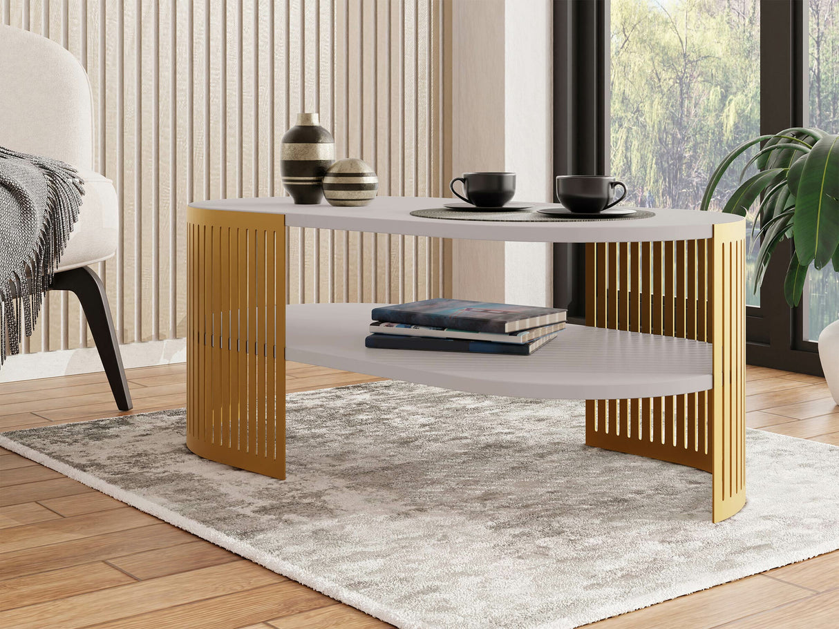 Dohányzóasztal Stolik kawowy owalny FIKOLI GOLD II, Szín: Aranysárga + Kasmír