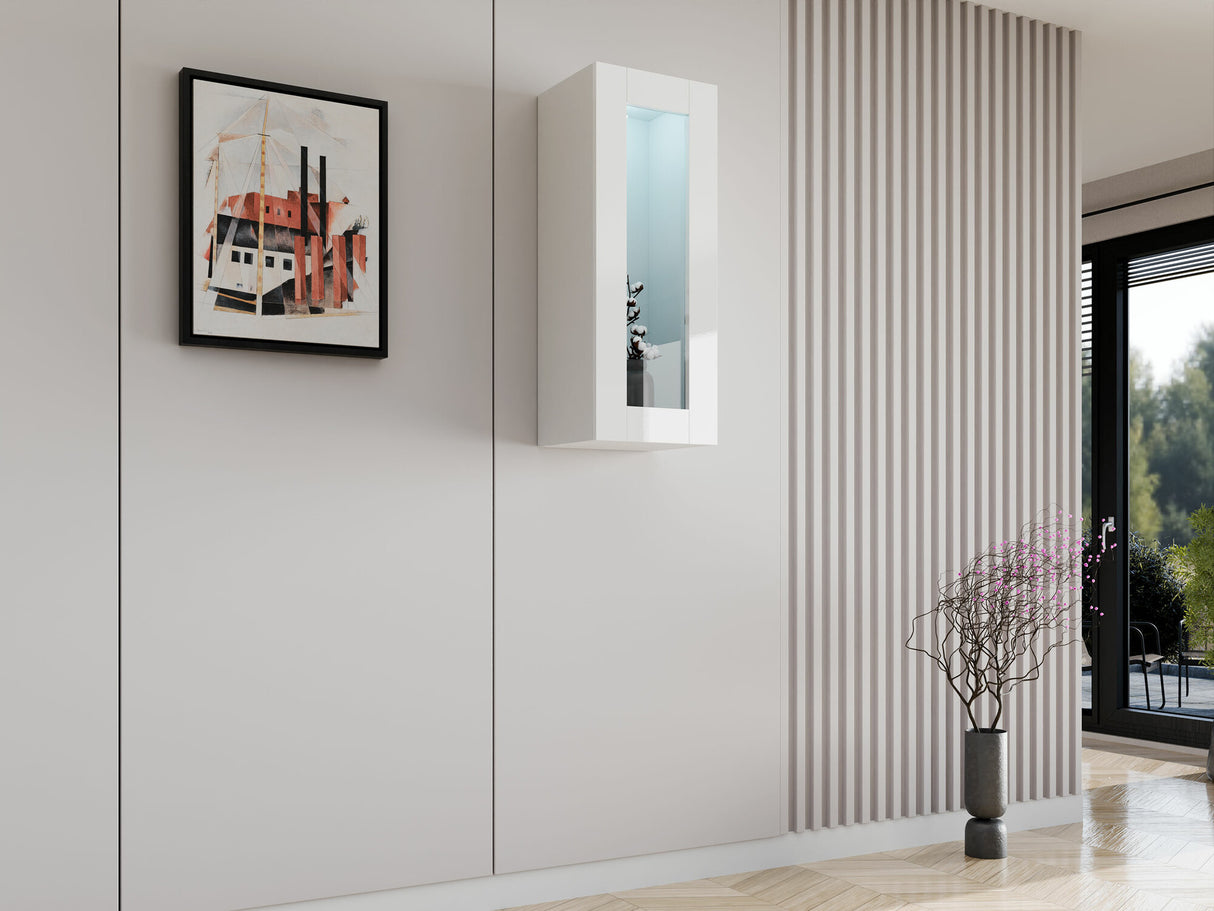 Fali szekrény Vigo 90 (Zigo 90), Szín: Fehér + Fényes fehér, Led világítás: Ez kék