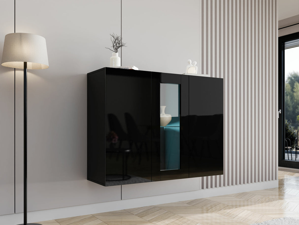 Fali szekrény Vigo 120 (Zigo), Led világítás: Igen fehér, Szín: Fekete + Fényes fekete