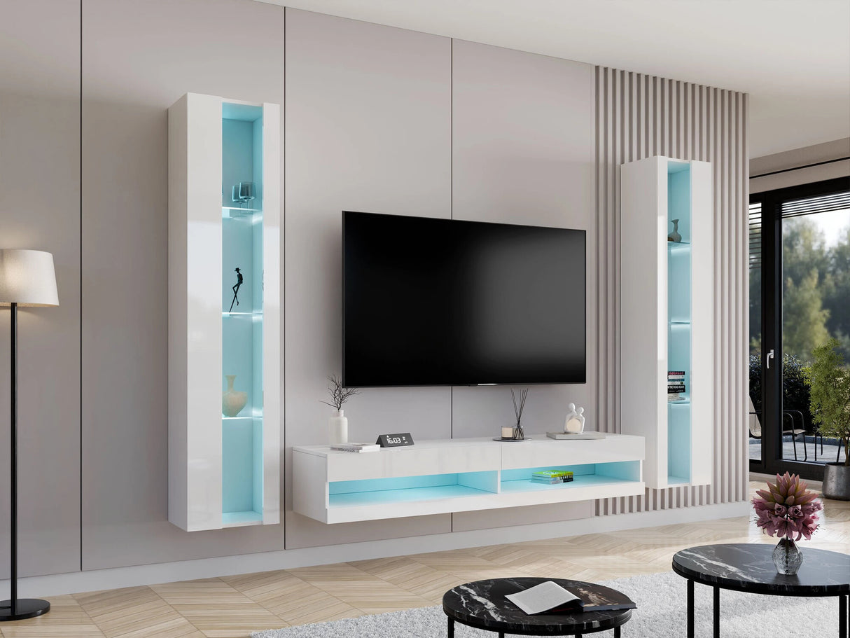 TV-állvány Vigo New 180 (Zigo New 180) II, Szín: Fehér + Fényes fehér, Led világítás: Igen Kék