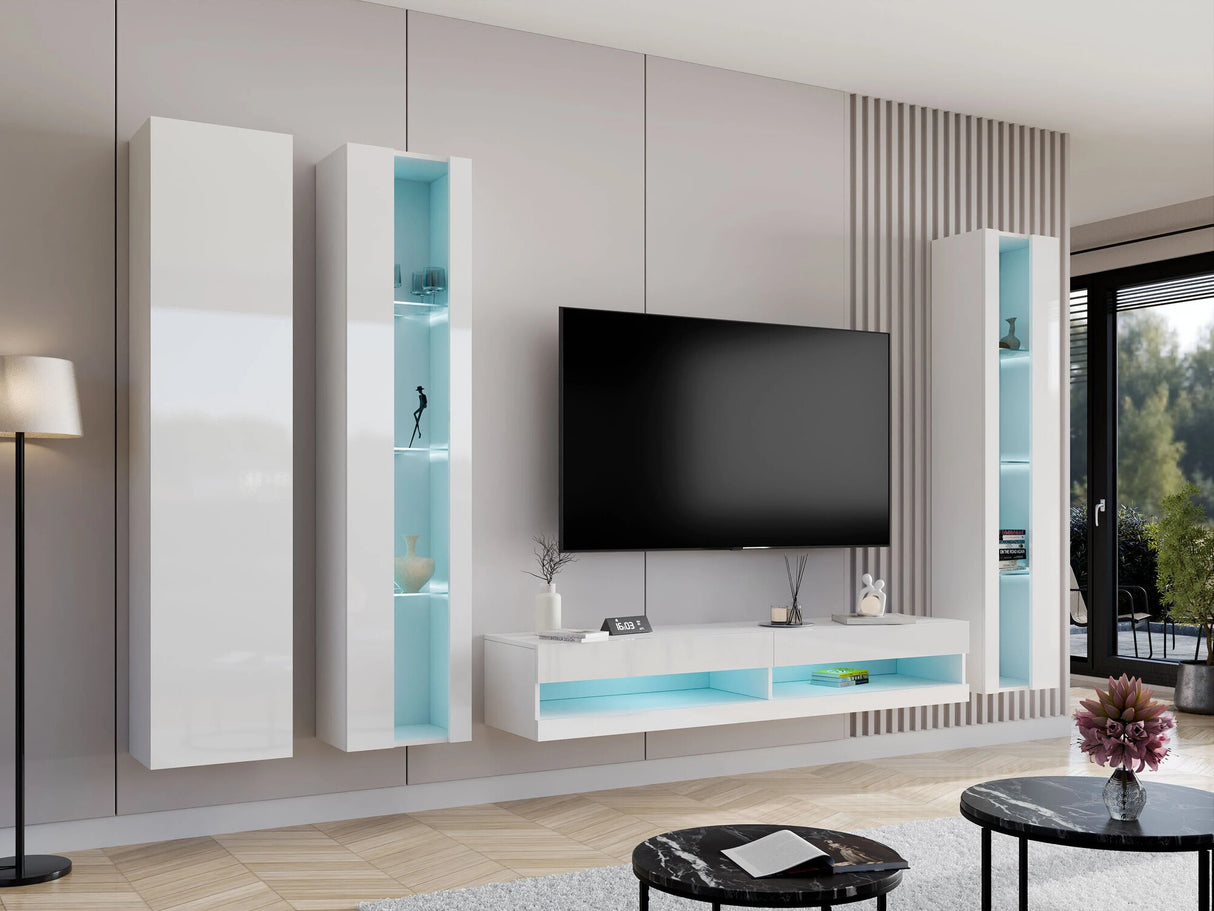 Polc Vigo 180 New II (180 Zigo New), Szín: Fehér + Fényes fehér, Led világítás: Ez kék