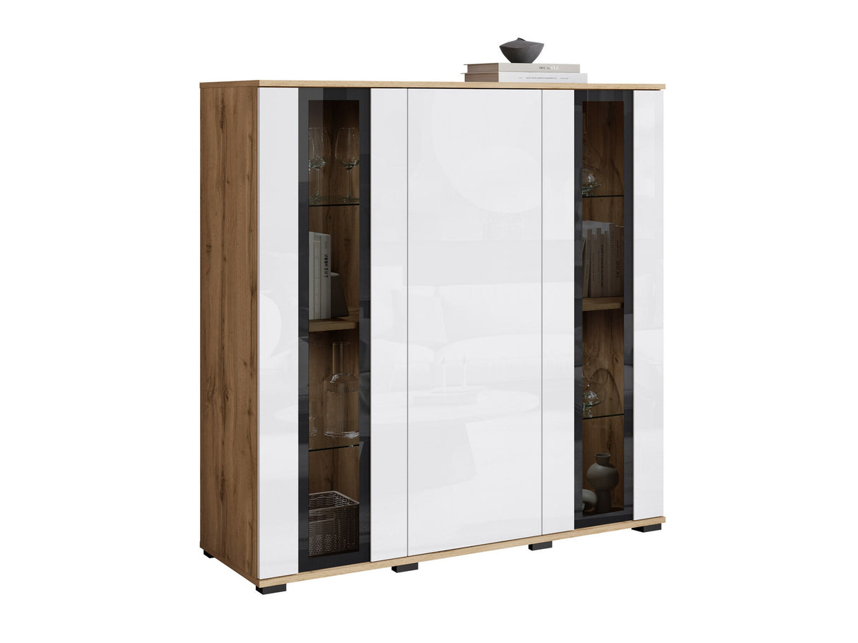 Szekrény CARO HB 120, Szín: Wotan tölgy + Fényes fehér, Led világítás: Nem