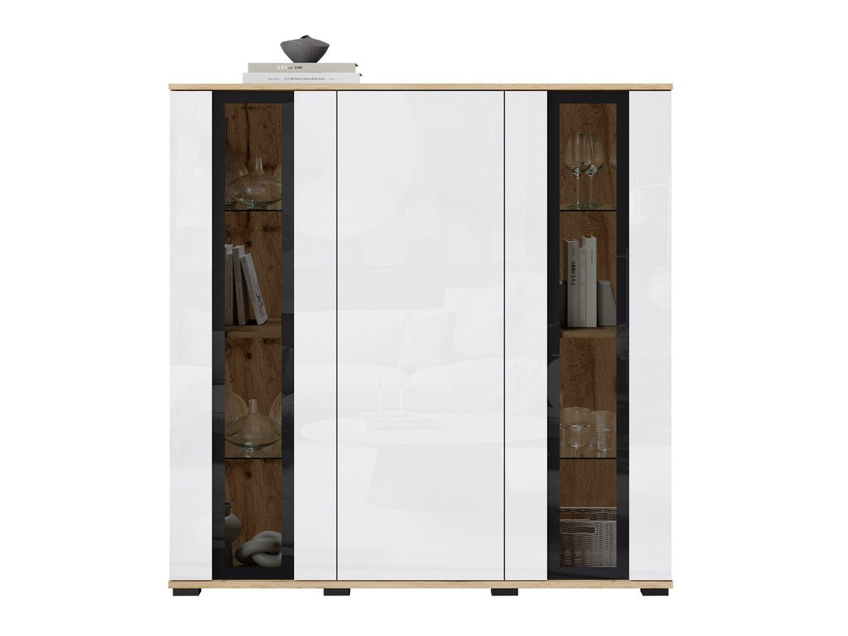 Szekrény CARO HB 120, Szín: Wotan tölgy + Fényes fehér, Led világítás: Nem