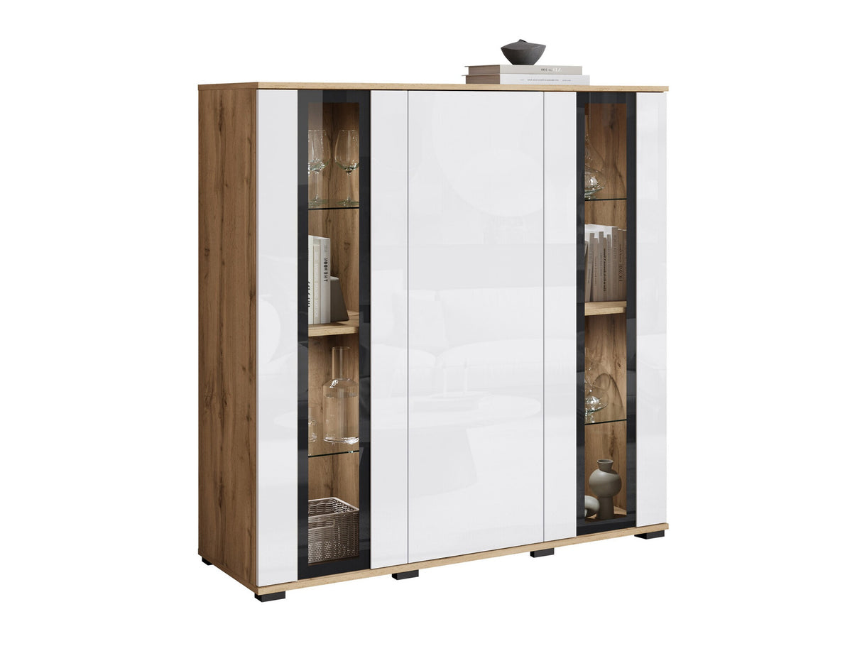 Szekrény CARO HB 120, Szín: Wotan tölgy + Fényes fehér, Led világítás: Igen