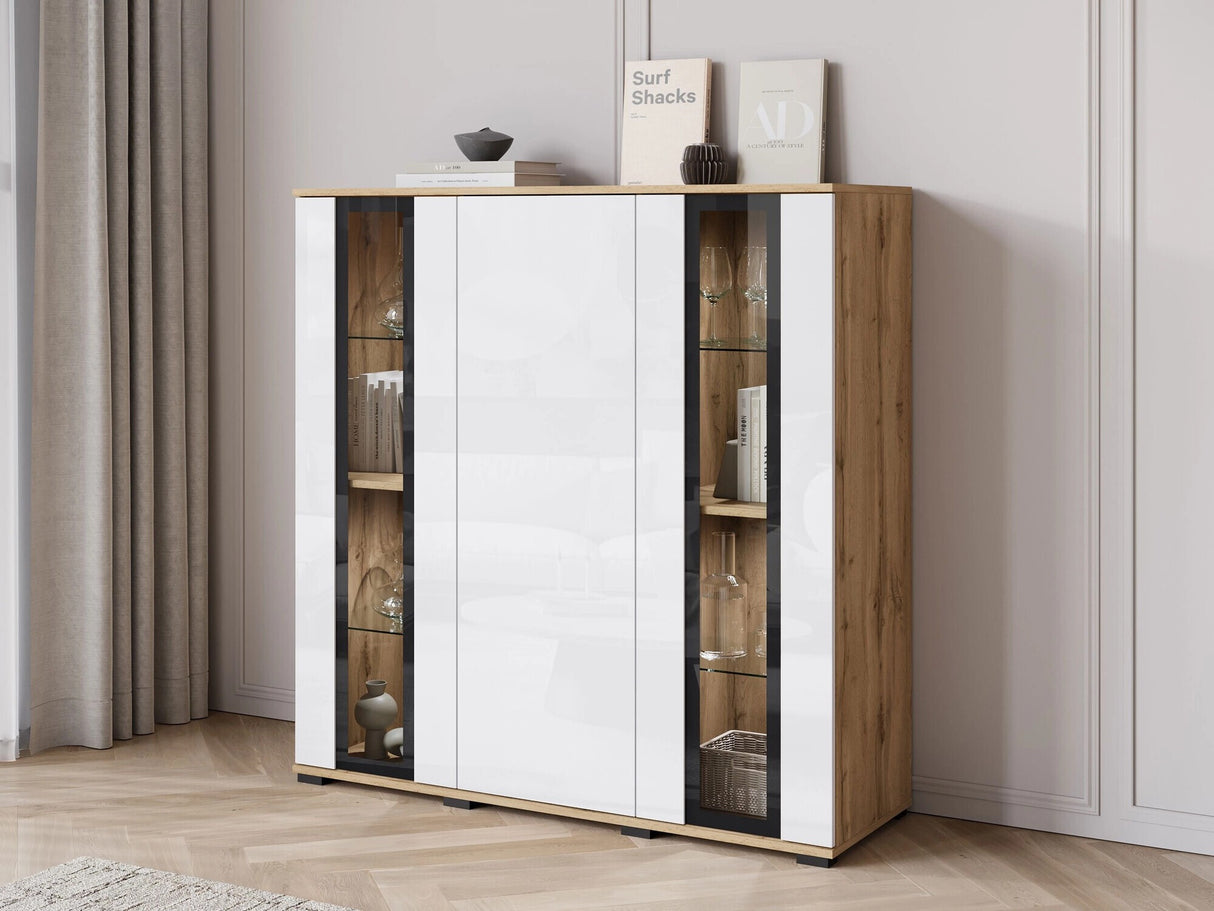 Szekrény CARO HB 120, Szín: Wotan tölgy + Fényes fehér, Led világítás: Igen