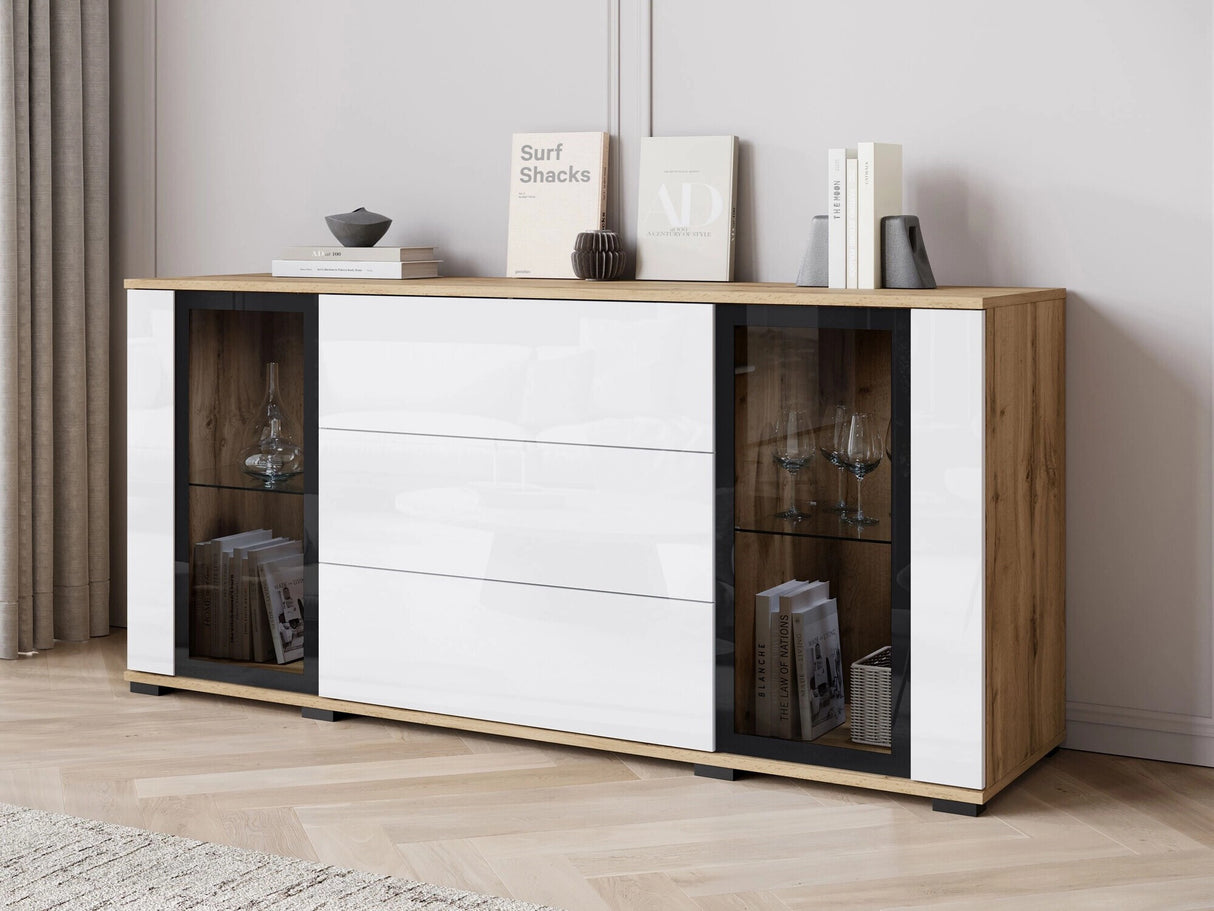 Komód CARO SB 150, Szín: Wotan tölgy + Fényes fehér, Led világítás: Nem