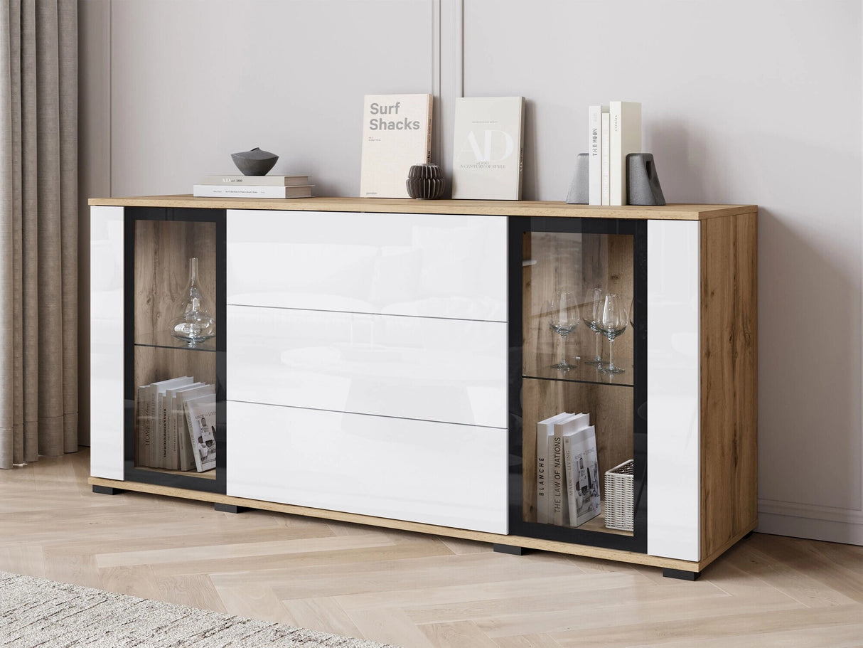 Komód CARO SB 150, Szín: Wotan tölgy + Fényes fehér, Led világítás: Igen