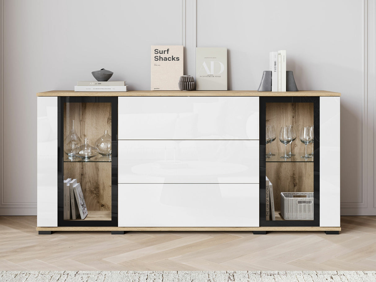 Komód CARO SB 150, Szín: Wotan tölgy + Fényes fehér, Led világítás: Igen