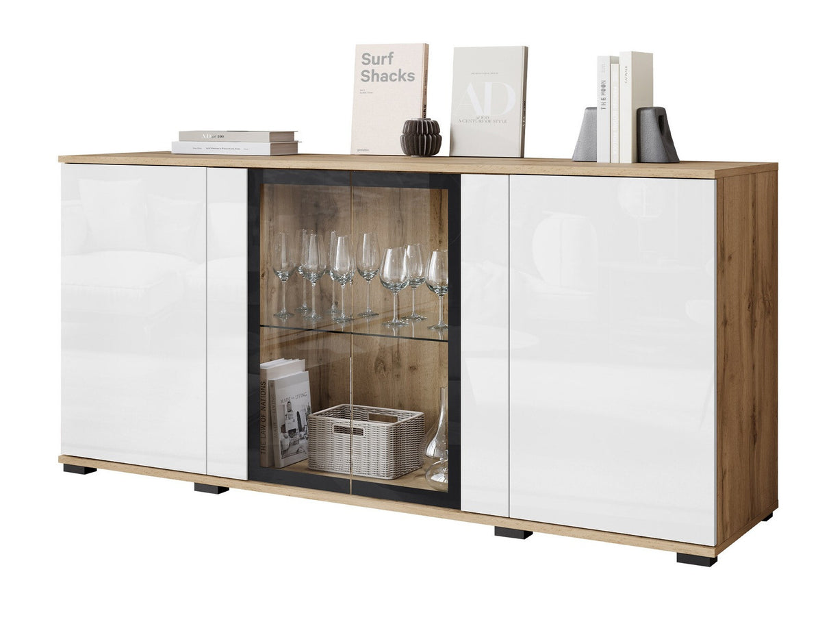 Szekrény CARO SB 154, Szín: Wotan tölgy + Fényes fehér, Led világítás: Igen