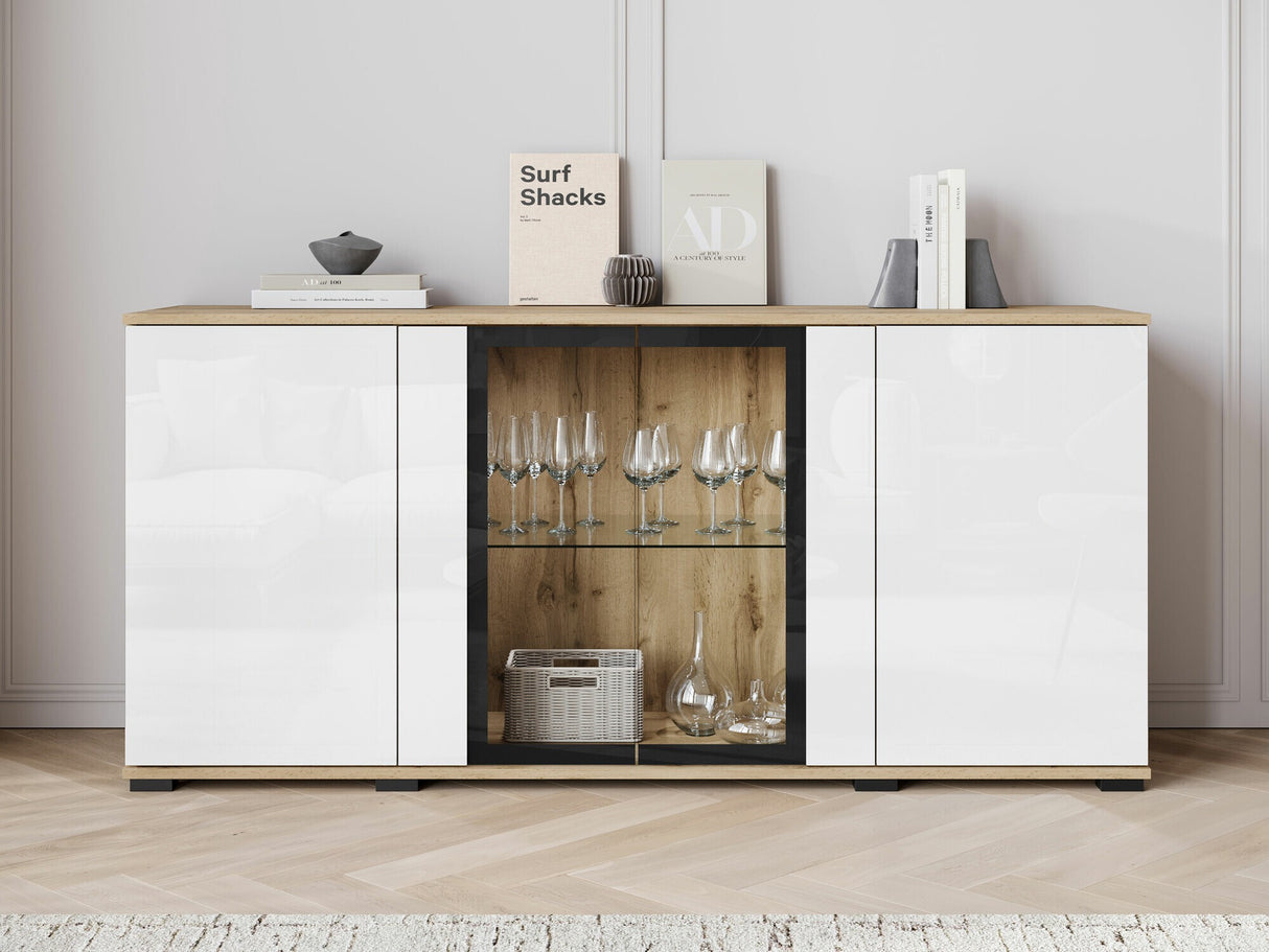 Szekrény CARO SB 154, Szín: Wotan tölgy + Fényes fehér, Led világítás: Igen