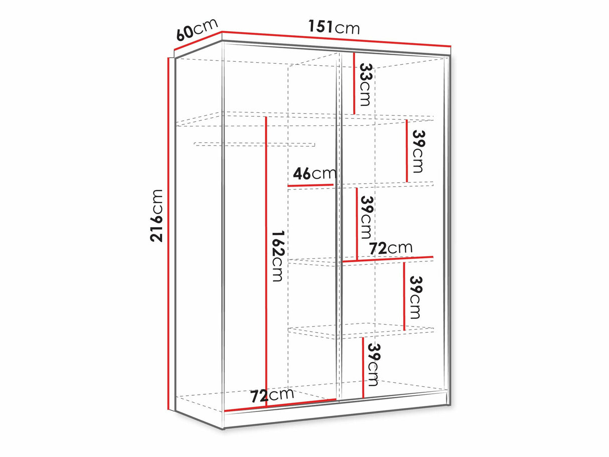 Gardróbszekrény Szafa przesuwna 2D TIRENO z lustrem Biały Bársony/Ryfle Biała