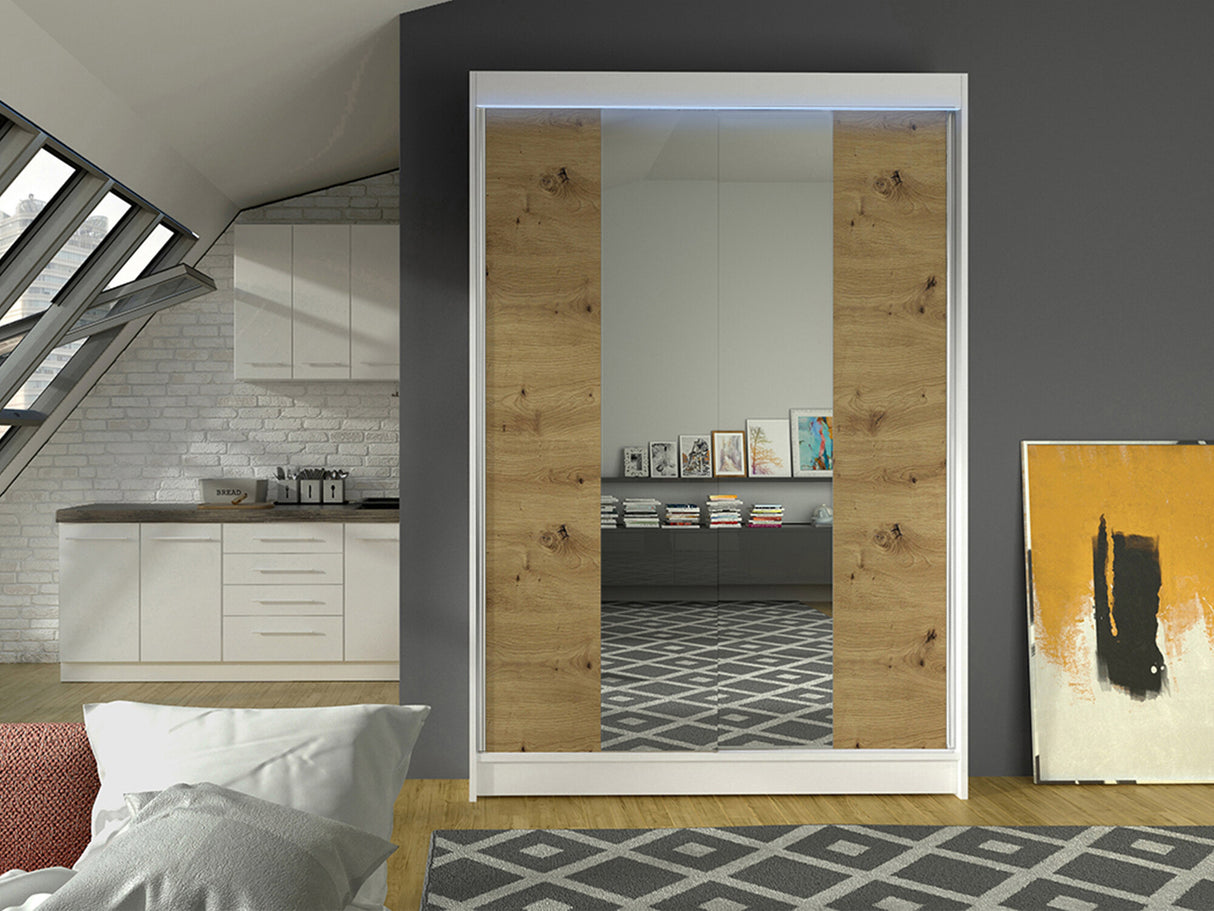 Gardróbszekrény Linem II (Parys II), Szín: Fehér + Artisan tölgy, Led világítás: Igen