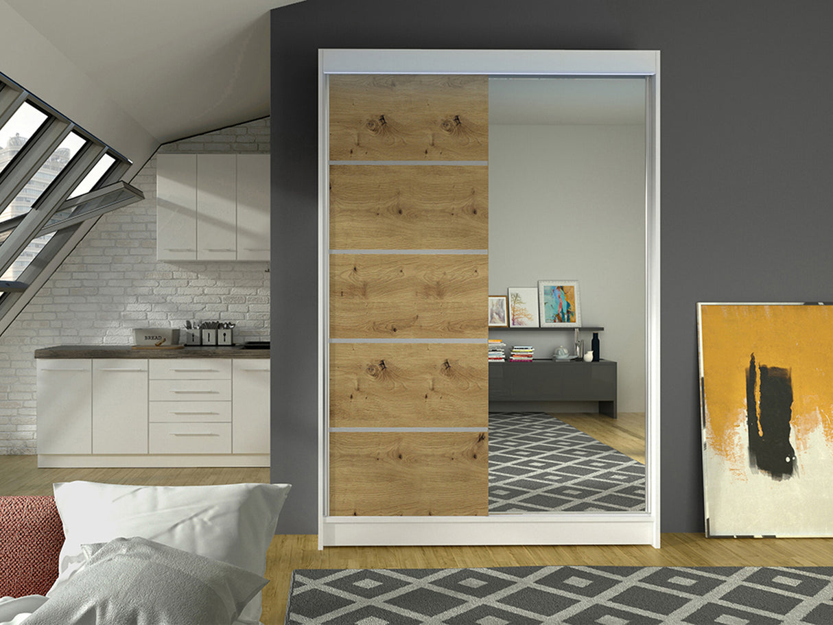 Gardróbszekrény Linem III (Parys III), Szín: Fehér + Artisan tölgy, Led világítás: Igen