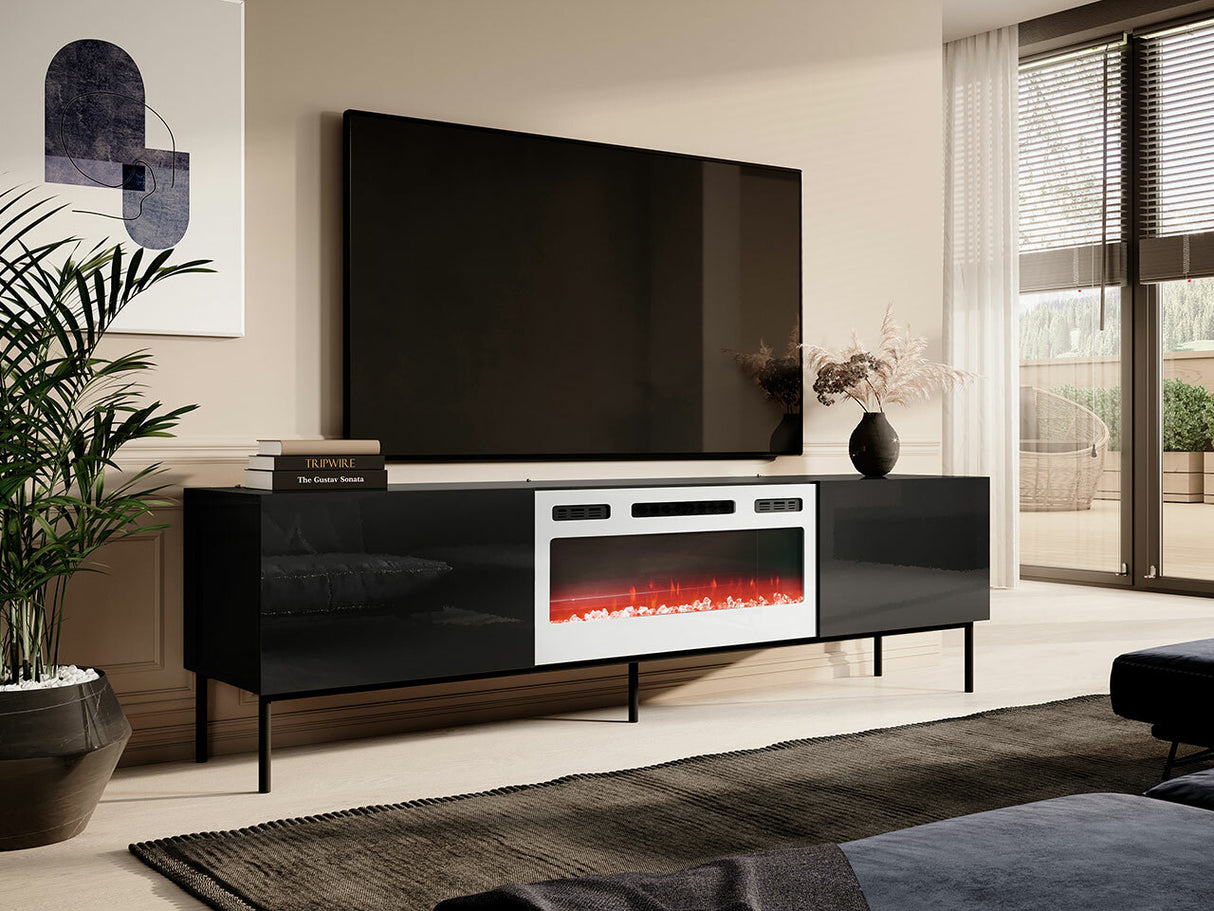 TV-állvány SLIDE K 200 (szekrény on a fém keret with a kandalló), Szín: Fekete + Fényes fekete, A kandalló színe: Fehér