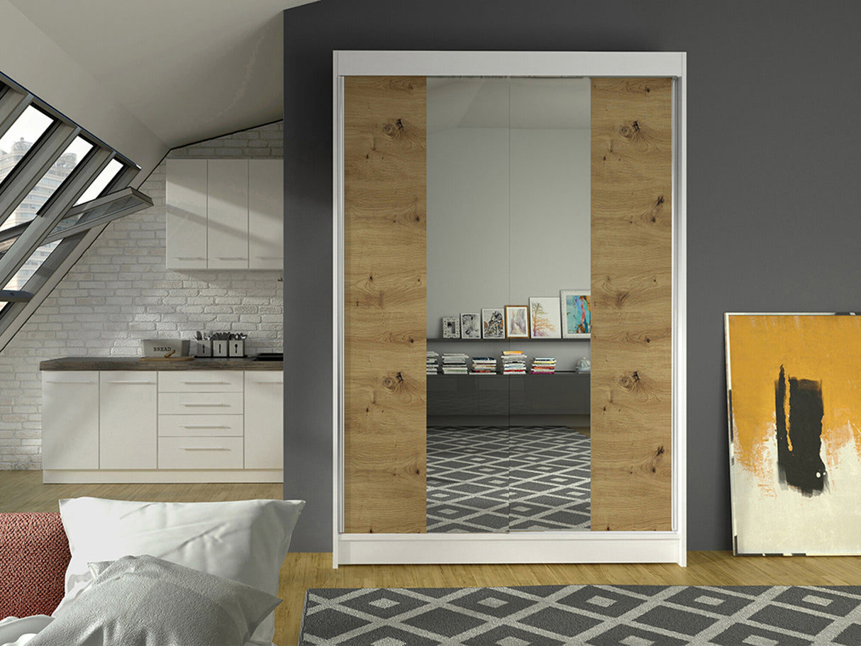 Gardróbszekrény Linem II (Parys II), Szín: Fehér + Artisan tölgy, Led világítás: Nem