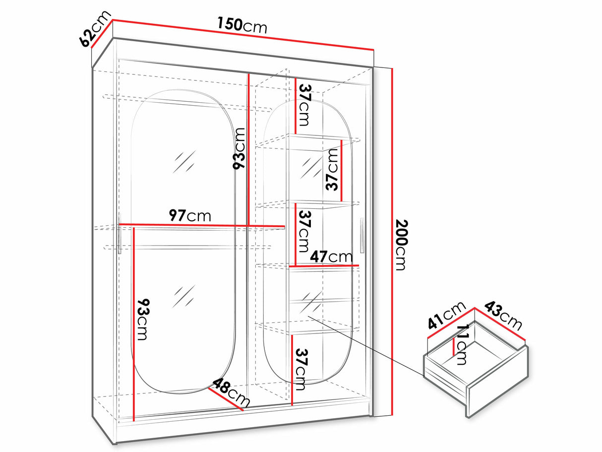 Gardróbszekrény Szafa 150 BAHRAJN, Szín: Fekete, Fiókok: Igen, Led világítás: Igen