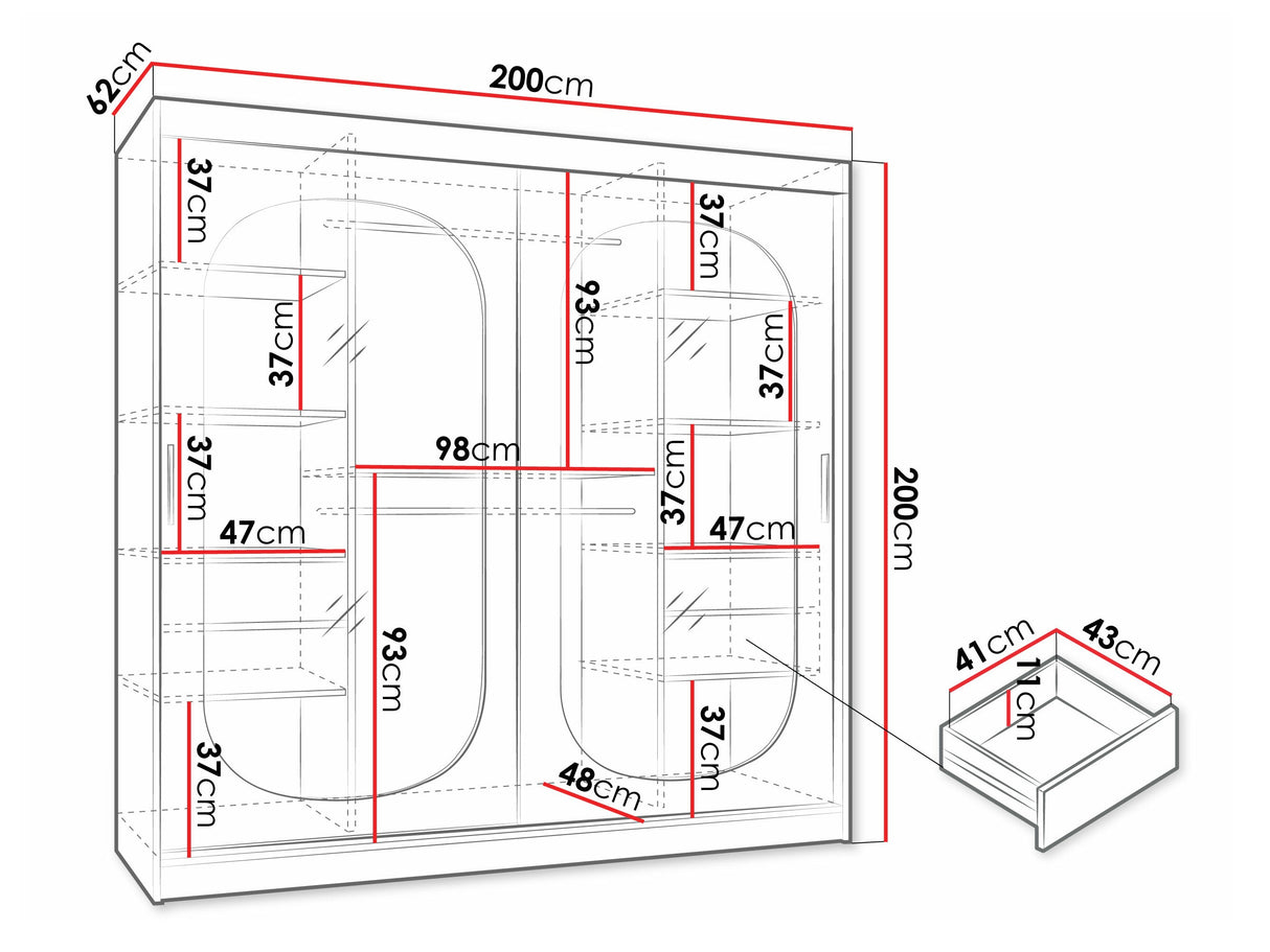 Gardróbszekrény Szafa 200 BAHRAJN, Szín: Kasmír, Fiókok: Igen, Led világítás: Igen