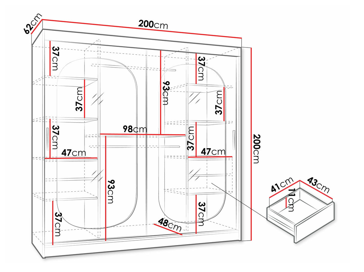 Gardróbszekrény Szafa 200 BAHRAJN, Szín: Kasmír, Fiókok: Igen, Led világítás: Nem