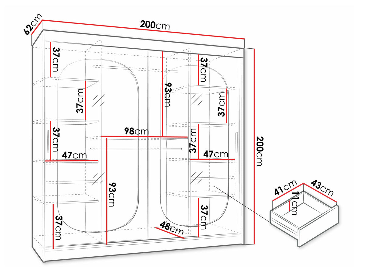 Gardróbszekrény Szafa 200 BAHRAJN, Szín: Fekete, Fiókok: Igen, Led világítás: Nem