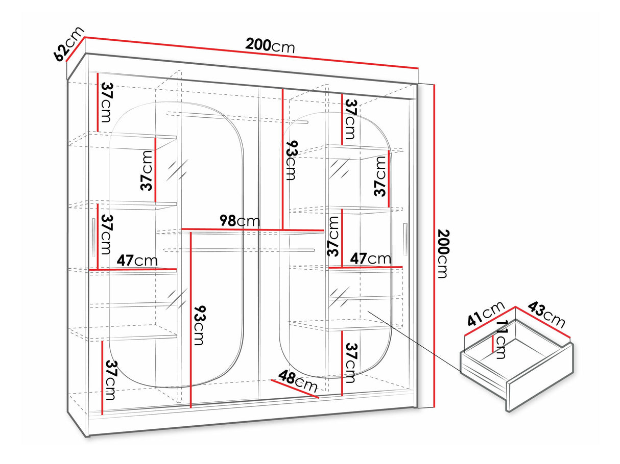 Gardróbszekrény Szafa 200 BAHRAJN, Szín: Fekete, Fiókok: Igen, Led világítás: Igen