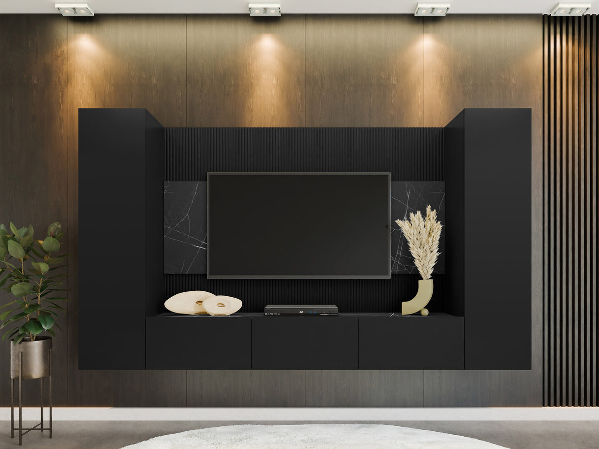 Nappali szett Meblościanka DEROMI V, Szín: Fekete + Fekete márvány