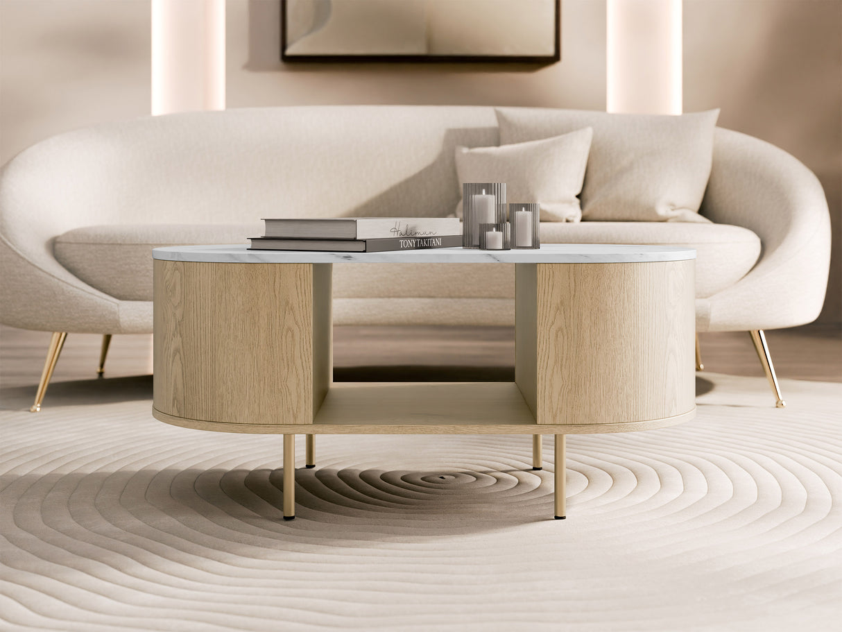 Dohányzóasztal Stolik kawowy LYGRINT, Színek: Fehér márvány + Aranysárga