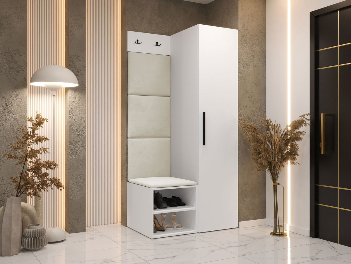 Előszoba garnitúra Garderoba MEDI III, Keret színe: Fehér, Puha falpanel színe: Manila 02