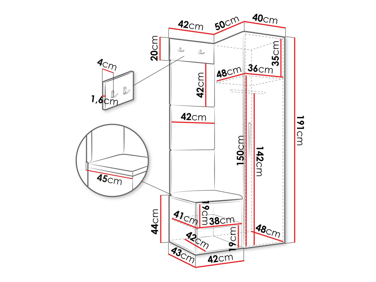 Előszoba garnitúra Garderoba MEDI III, Keret színe: Fehér, Puha falpanel színe: Manila 02