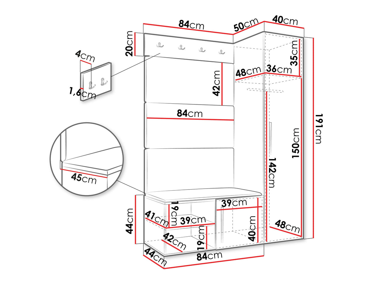 Előszoba garnitúra Garderoba MEDI II, Keret színe: Fehér, Puha falpanel színe: Manila 02