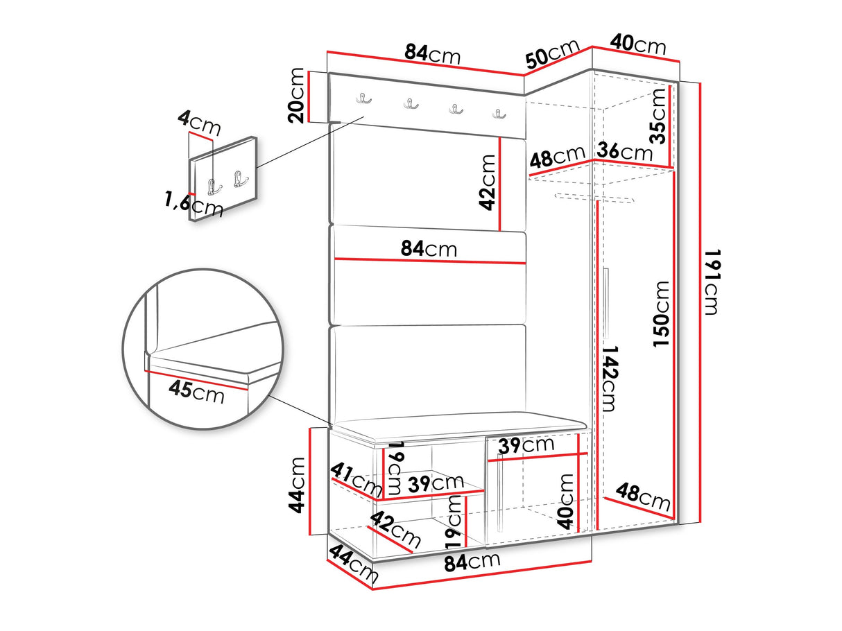 Előszoba garnitúra Garderoba MEDI II, Keret színe: Fehér, Puha falpanel színe: Manila 18