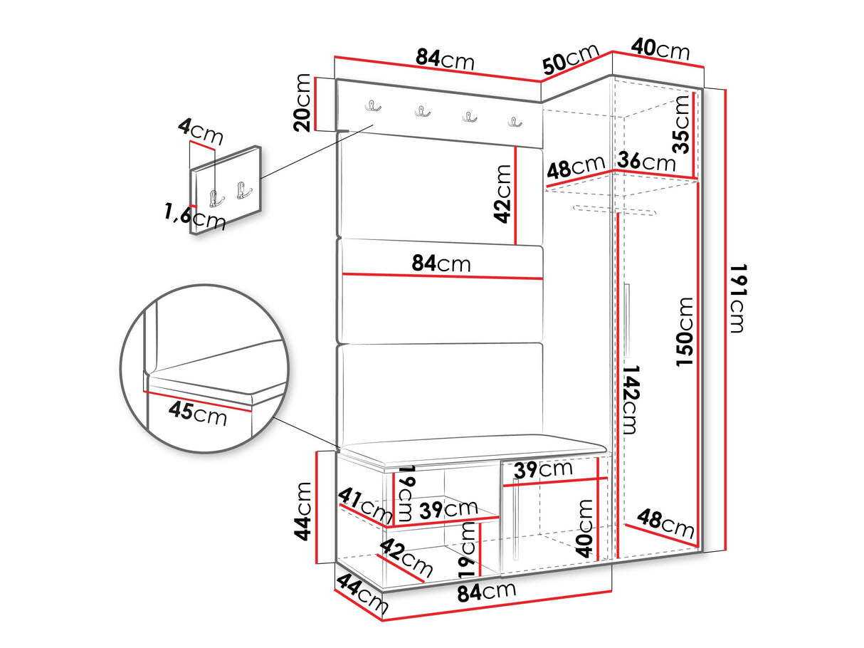 Előszoba garnitúra Garderoba MEDI II, Keret színe: Fehér, Puha falpanel színe: Manila 26