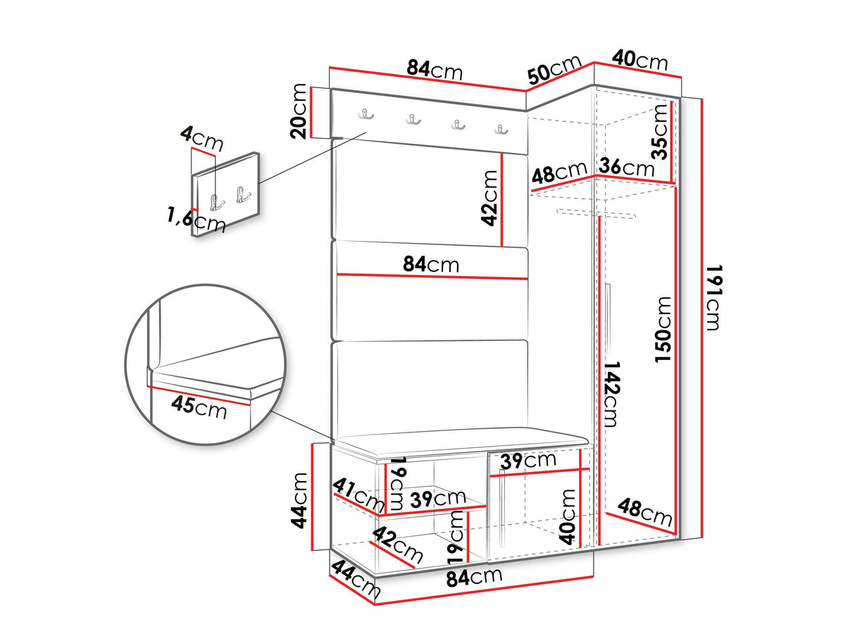 Előszoba garnitúra Garderoba MEDI II, Keret színe: Fehér, Puha falpanel színe: Manila 32