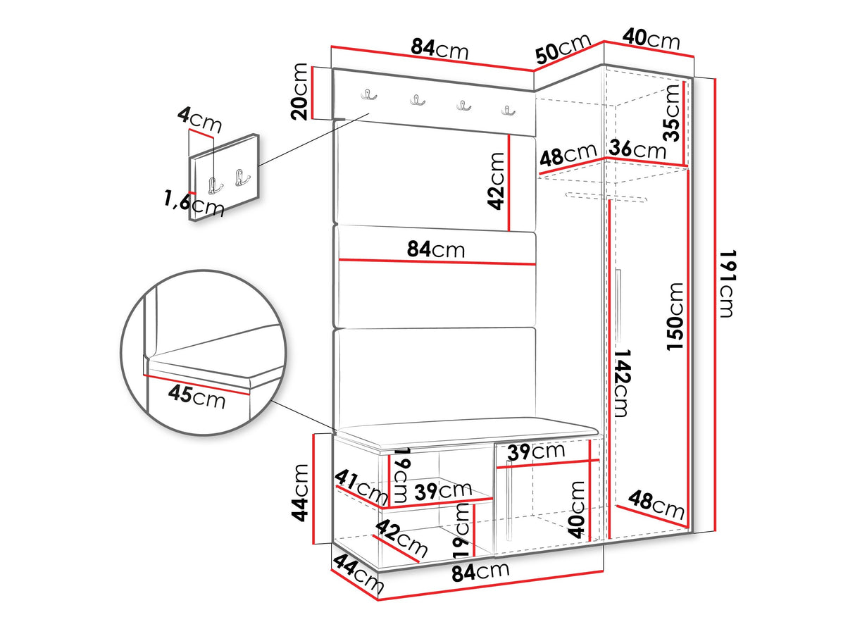 Előszoba garnitúra Garderoba MEDI II, Keret színe: Fehér, Puha falpanel színe: Manila 35