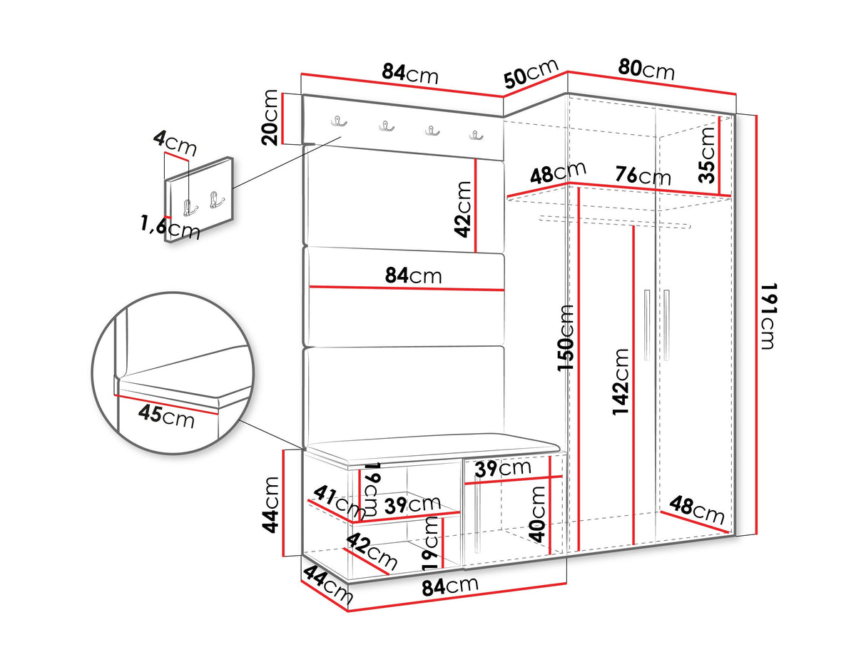 Előszoba garnitúra Garderoba MEDI I, Keret színe: Fehér, Puha falpanel színe: Manila 04